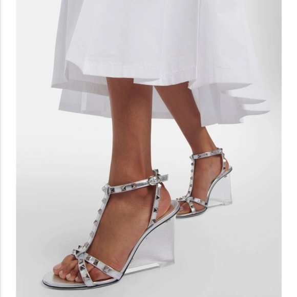 VALENTINO GARAVANI Plexi Wedge 90mm Rockstud Sandals - Gi7 Silvertraspar - Picture 5 of 6